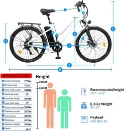 HITWAY 26 Inch E-bike, Elektrische Fiets Voor Heren En Dames, Pedelec Stadsfietsen, 250 W Motor, 36 V/11,2 Ah E-bike, Shimano 7 Versnellingen, 35-90 Km| Wit / Blauw -Fietsonderdelen Winkel 1135x1200