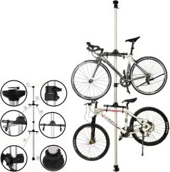 Merkloos Decopatent® PRO Plafond Fiets Ophangsysteem Voor 2 Fietsen - Staand Fietsenrek 2 Fietsen - Fietsenhouder Met Telescoop Opbergstang