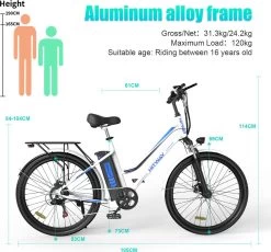 HITWAY Elektrische Fiets Voor Volwassenen | Ebikes Fietsen Stadsfiets | 250W 36V Motor | 7 VERSNELLINGSSYSTEE | 26 Inch - Wit -Fietsonderdelen Winkel 1200x1117