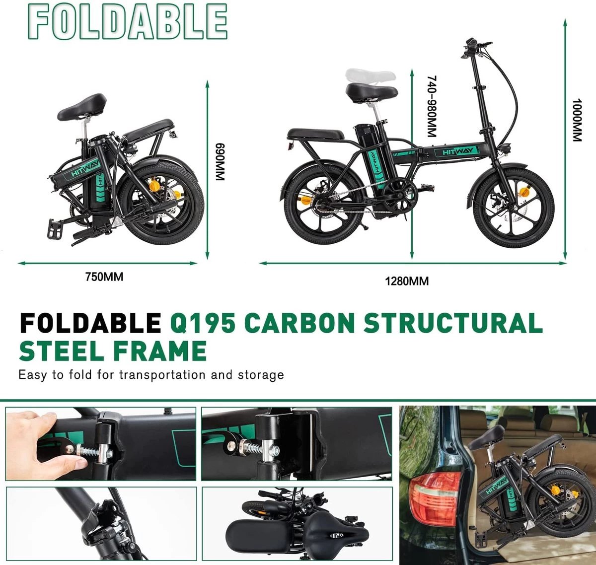 HITWAY Elektrische Fiets Voor, Stadsfietsen Opvouwbaar, E-BIKE, 7.5Ah Batterij, 250W Motor, Actieradius Tot 45 Km - BK5 7 HITWAY Elektrische Fiets Voor, Stadsfietsen Opvouwbaar, E-BIKE, 7.5Ah Batterij, 250W Motor, Actieradius Tot 45 Km - BK5 - Afbeelding 7