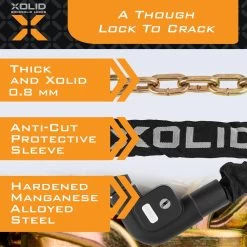 Xolid Kettingslot Met 3x Sleutel Incl. 1x LED - Solid Pantserslot Uit Gehard Staal - Gebruik Slot Lock Motor Scooter Fiets Motorslot Scooterslot - Alternatief Voor Ketting Ringslot Cijferslot Kabelslot Beugelslot - Lengte 100CM Dikte 8MM - Zwart -Fietsonderdelen Winkel 1200x1200 531